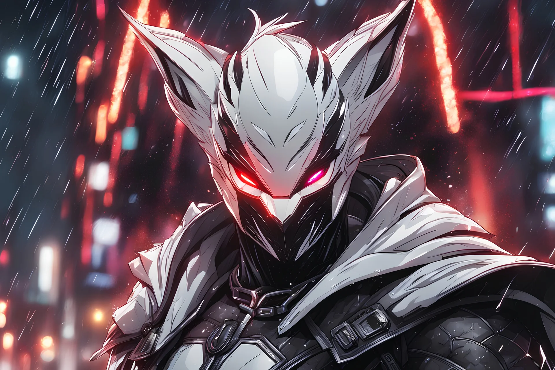 Spawn in 8k anime realistic drawing style, white fox them, close picture, rain, neon lights, intricate details, highly detailed, high details, detailed portrait, masterpiece,ultra detailed, ultra quality
