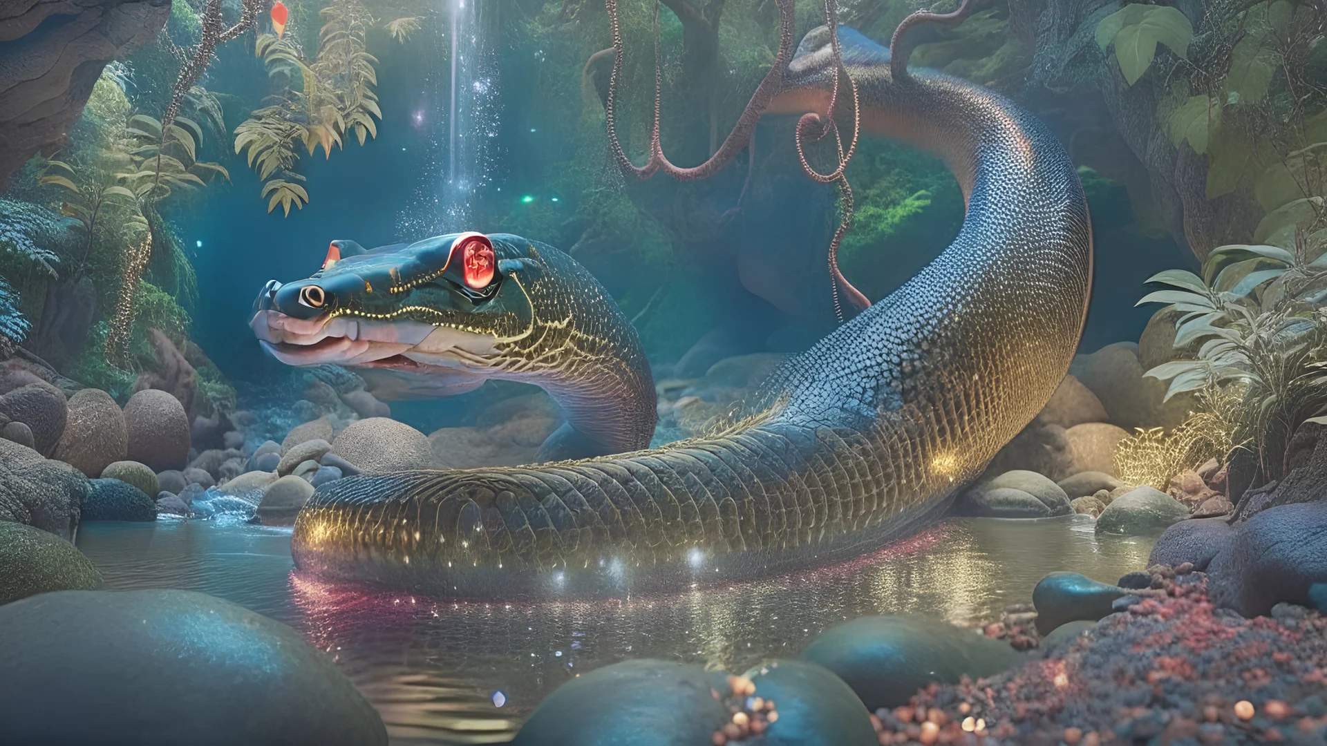 A giant eel with mata bersinar yang marah, memakai mahkota emas, tubuhnya licin berkulit tebal menggelembung , di depan gua terendam air, ekspresi sangat detail, dengan tubuh perpaduan hitam dan merah, di belakangnya ada siluet ular cobra di hutan bambu Indonesia, lampu terang, RTX, hiper realistis, mesin tidak nyata 5 lampu terang, RTX, hiper realistis, mesin tidak nyata 5