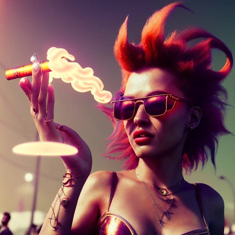 Ultra Realistic photo, medium shot view, women, carnival scene, futuristic steampunk. hair monster, Drunken, Sunglasses, smoking, happy, hot. Cabaret background, highly detailed, concept art, unreal engine 5, ray tracing, RTX, lumen lighting, ultra detail, volumetric lighting, 3d, finely drawn, high definition, high resolution.