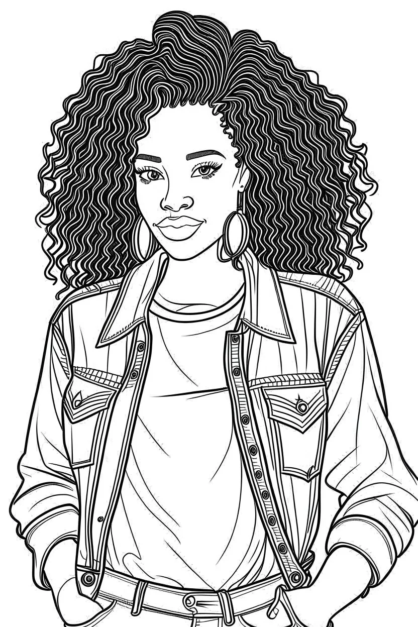 Design coloring page featuring a confidente and beautiful black curvy woman wearing jeans, eyes front camera