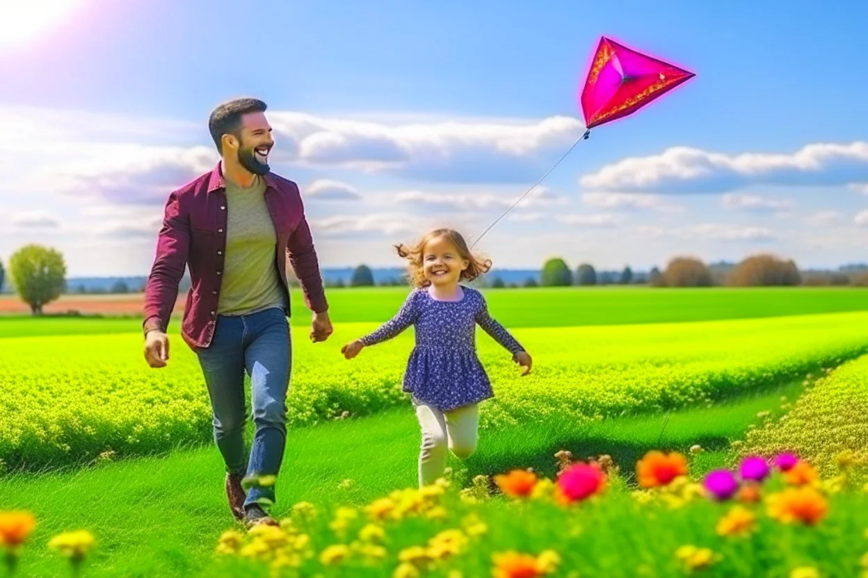 a father, a girl and a boy with a kite flying in the sky on the green field with flowers in sunshine