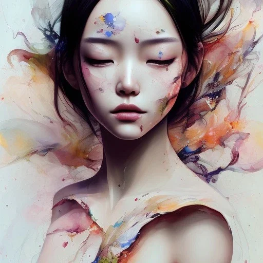 Asian woman, leaning pose, realistic body, latex suit, watercolor illustration by <agnes cecile>