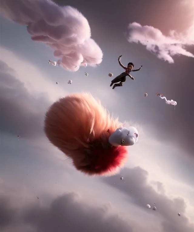 Ultra realistic speed clouds sky scene, wide angle view, strong men falling down with many Childs background, circus clothing style, feather color clothing, free jumping flying, many trinkets, hair monster, many jelly beans, balls, color smoke, smile, happy, extreme, wind, clouds sea, 20,000 feet altitude, stratosphere, soft color, highly detailed, unreal engine 5, ray tracing, RTX, lumen lighting, ultra detail, volumetric lighting, 3d, finely drawn, high definition, high resolution.