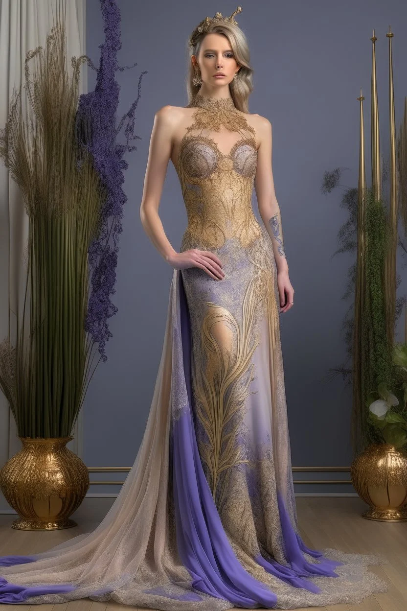 Stunning utopian gown with lavender and gold, standing model