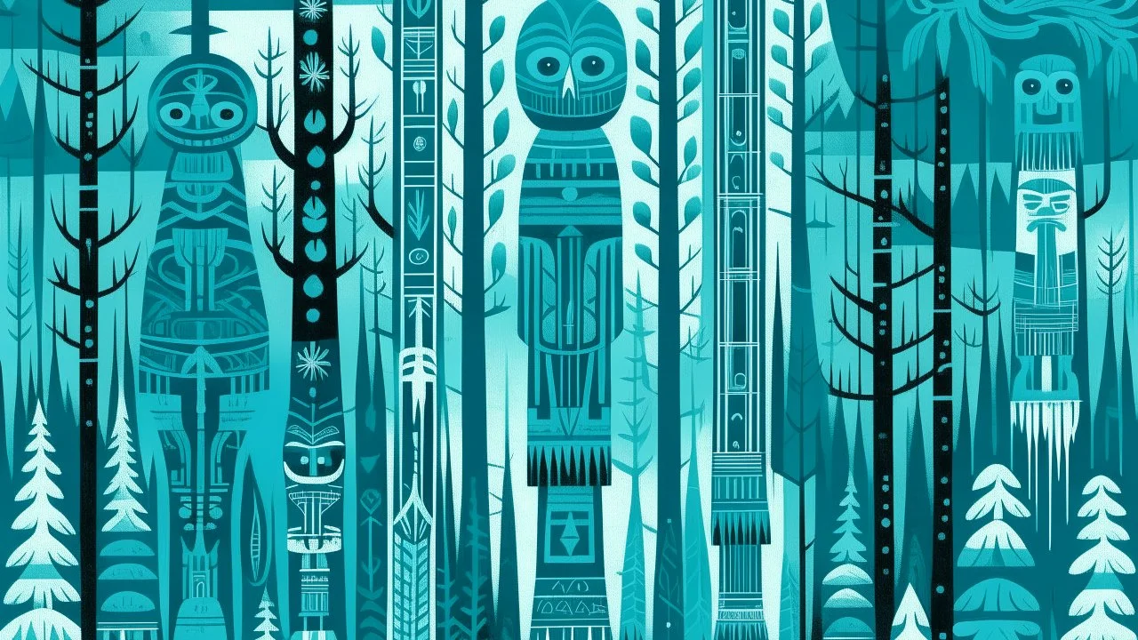 A cyan winter forest with Pacific Northwest totem poles designed in German folk art