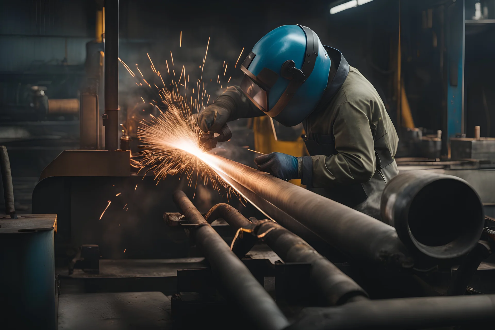 Welding steel pipe with Mig-Mag method for industrial work. Gas metal arc welding Camera settings : Full-frame , 100mm lens, f/1.2 aperture, ISO 100, shutter speed 60 seconds. Cinematic lighting, Unreal Engine 5, Cinematic, Color Grading, real time Photography, Shot on 70mm lense, Depth of Field, DOF, Tilt Blur, Shutter Speed 1/2500, F/13, White Balance, 45k, Super-Resolution, Megapixel , ProPhoto RGB, VR, tall, epic Lighting, Backlight, Natural Lighting, Incandescent, Optical Fiber, Moody Lig