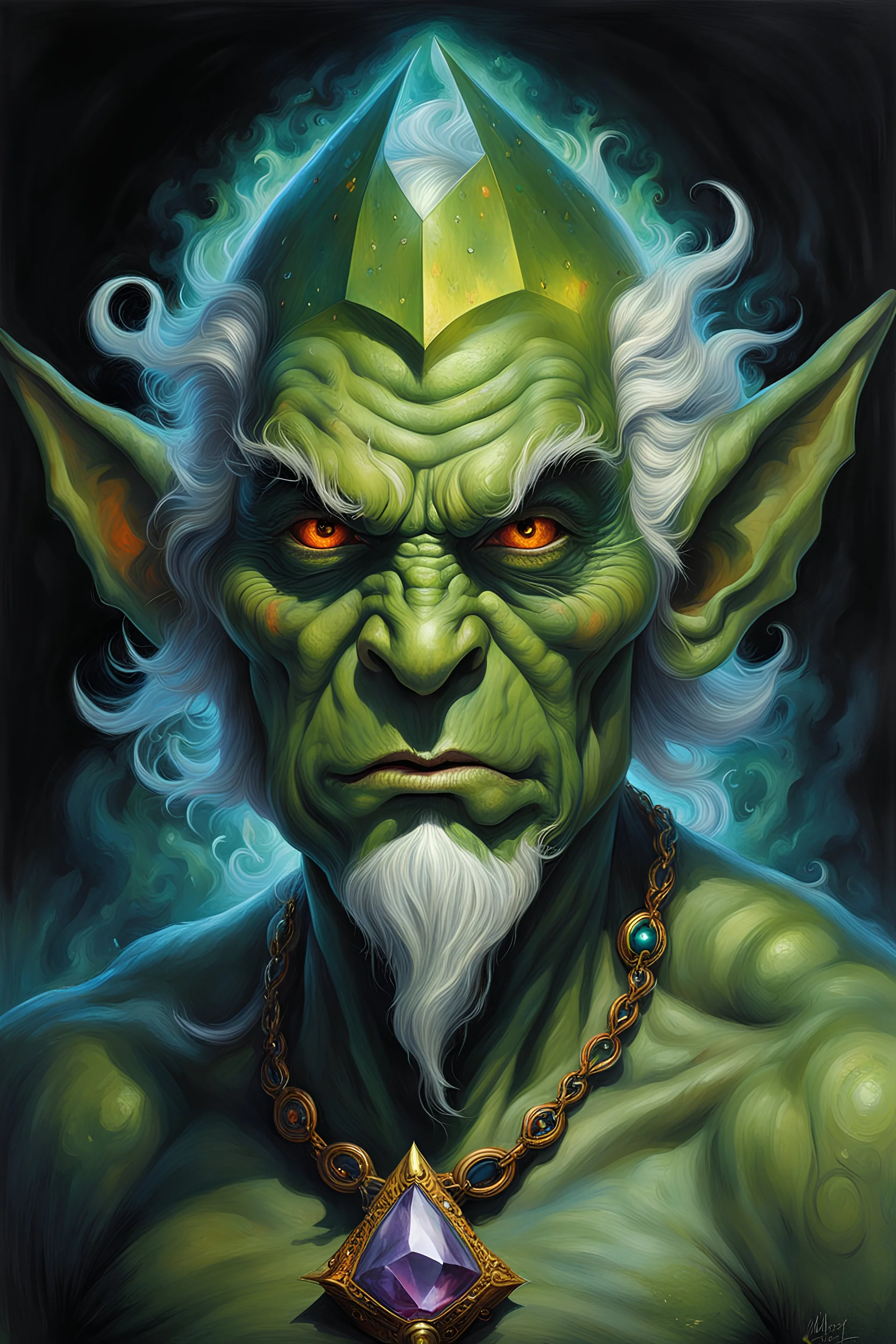 Portrait of a larger than life, mountainous goblin sorcerer, with a colored gem on his forehead, green skin, in the style of Artwork by Albert Lynch, sinking deep into bittersweet melancholia, dark angry eyes, alex grey, sense of awe, pale skin, night, dark twisted fantasy, macabre fine art