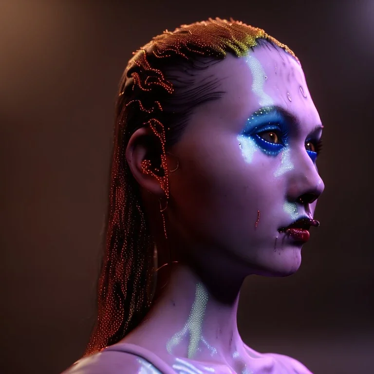 Sweet british cyber woman, cold ambient, rain, fog, latex, cables, purpurin, black, gold, rings piercing, brown, decorative color feathers, circuits, neon style, a lot of led lights, fog, rain, vibrant color, highly detailed, art stations, concept art, smooth, unreal engine 5, god rays, ray tracing, RTX, lumen lighting, ultra detail, volumetric lighting, 3d, finely drawn, high definition, high resolution.