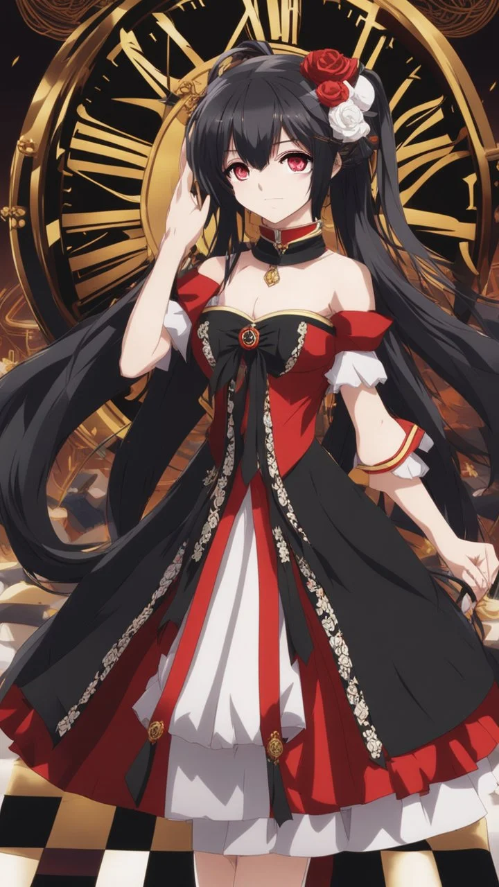 Tokisaki Kurumi appears to be elegant and has very polite manners, ivory skin and long, evil smile, crazy smile, black hair usually tied in long twin tails, deferent Eyes colors, right eye is red-tinted color, left eye appears as a golden color, inorganic clock face, a girl with astonishing beauty, wearing her astral black and red dress 'Elohim', left golden eye, intricate details, highly detailed, date a live anime art style