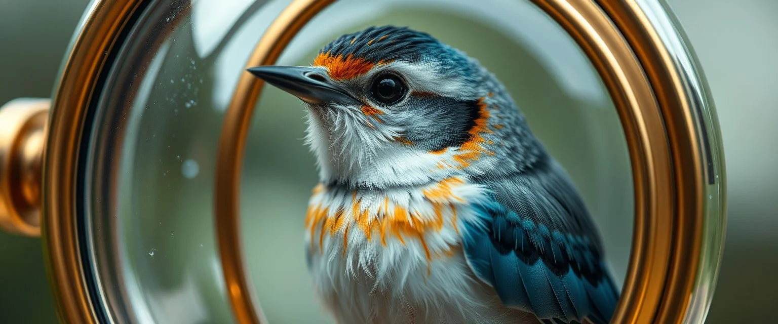 close up portrait of the sweetest soulfull magical bird using a machine as a house, the machine is glass and bronze, rounded elliptical cylinder