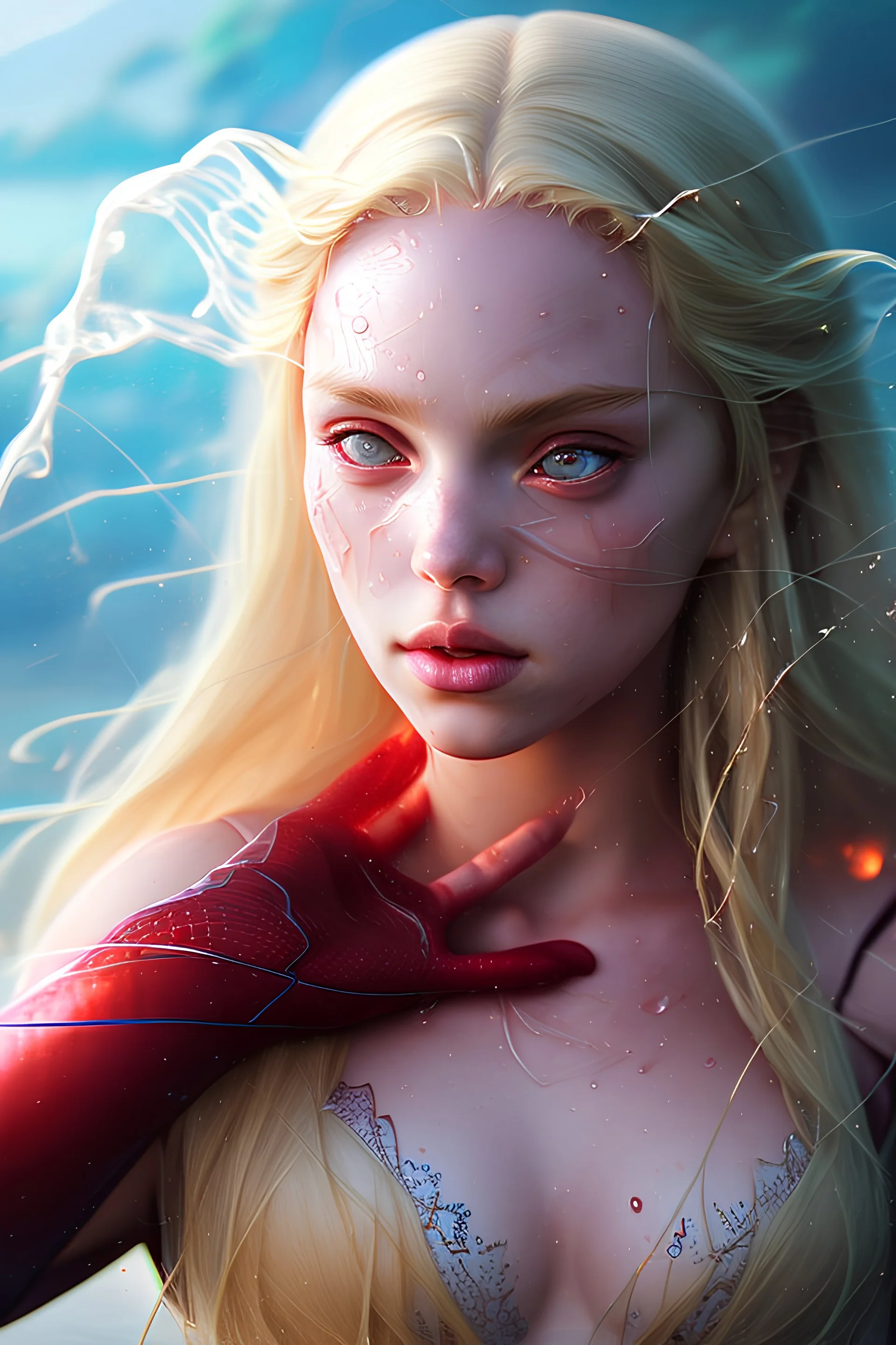 Portrait of {Scarlet Witch} with {Blonde} hair and with cute face, {Water}, perfect composition, hyperrealistic, super detailed, 8k, high quality, trending art, trending on artstation, sharp focus, studio photo, intricate details, highly detailed, by greg rutkowski