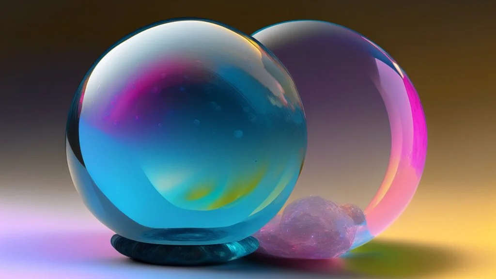 A crystal ball to look into the future, pink, dark blue, orange, yellow, aqua blue, very detailed and realistic