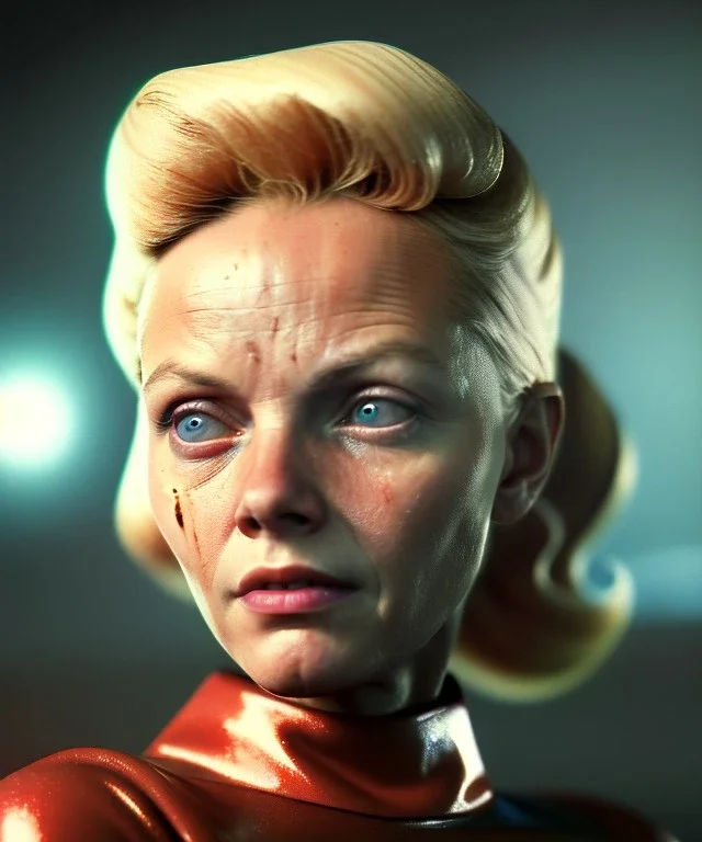 retro sci-fi portrait image from 1980, supermarket parking explosion, fire, scared people, blonde woman walking, young Michelle Pfeiffer face, tight latex suit, soft color, highly detailed, unreal engine 5, ray tracing, RTX, lumen lighting, ultra detail, volumetric lighting, 3d, finely drawn, high definition, high resolution.