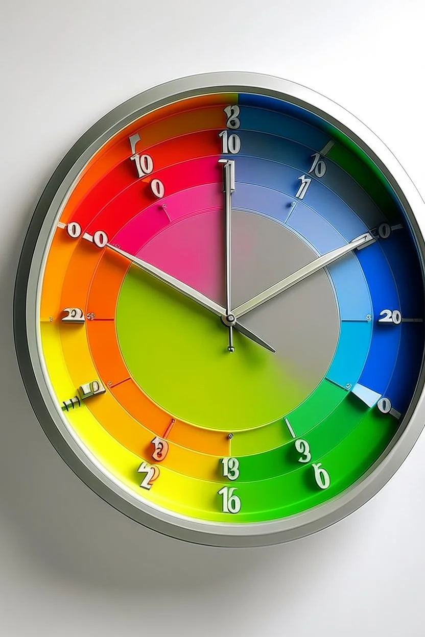 "Illustrate a rainbow-themed wall clock with each hour represented by a different color of the rainbow spectrum."