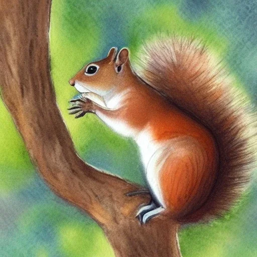 A squirrel on a tree eating nut, watercolor painting in pastel colors, detailed image.