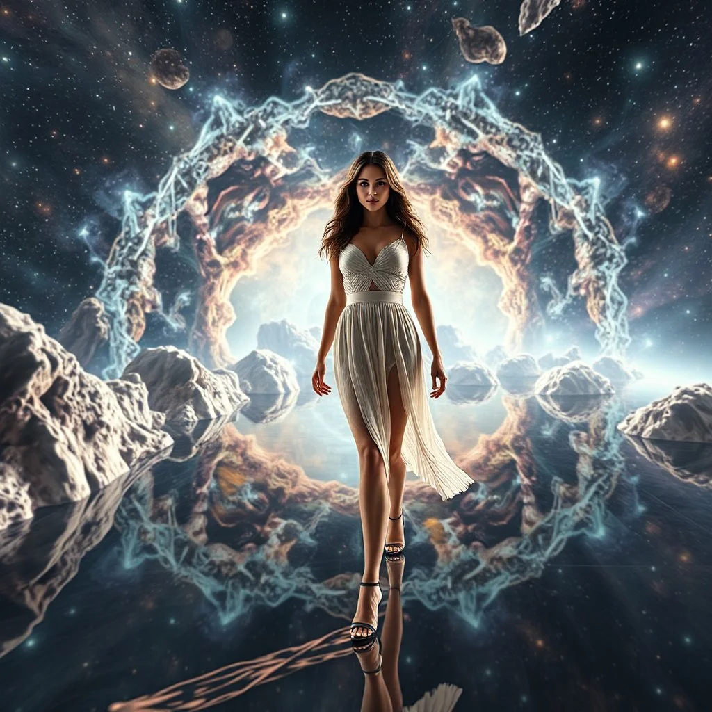 A full-body shot of a beautiful lady walking and looking at the camera 3D fractal interstellar world.