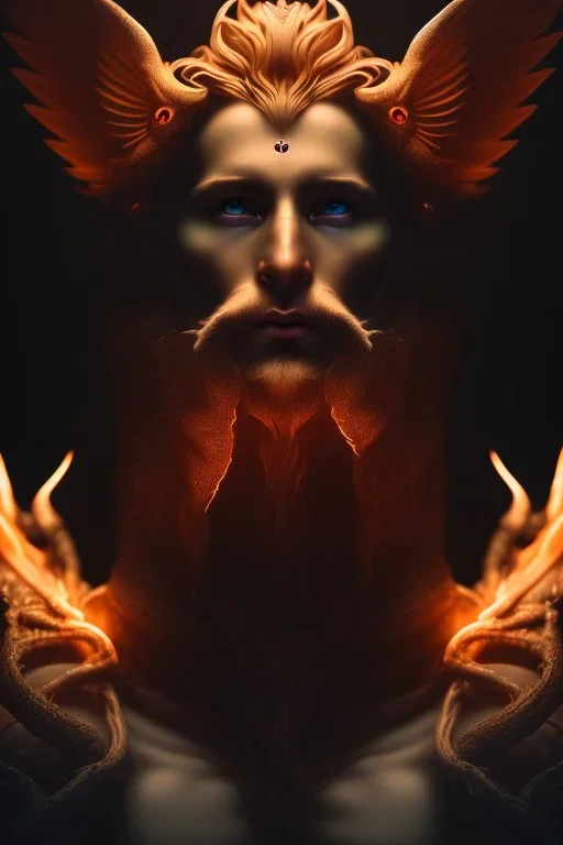 portrait photography of an ethereal beautiful animal god, Fire theme art, Dark moody night atmosphere, Portrait of a man by Michelangelo, 8K, close-up face, anatomically perfect face, oak tree roots, ignore NSFW