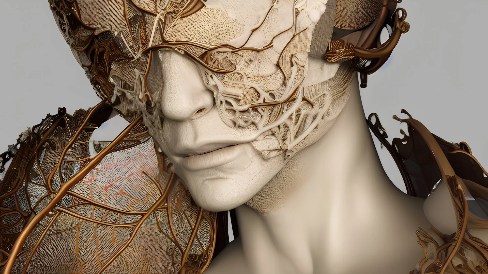 Complex 3d render ultra detailed of a handsome male porcelain profile face, biomechanical cyborg, analog, 150 mm lens, beautiful natural soft rim light, big leaves and stems, roots, fine foliage lace, colorful details, massai warrior, alexander mcqueen high fashion haute couture, pearl earring, art nouveau fashion embroidered, steampunk, intricate details, mesh wire, mandelbrot fractal, anatomical, facial muscles, cable wires, elegant, hyper realistic, ultra detailed, octane render