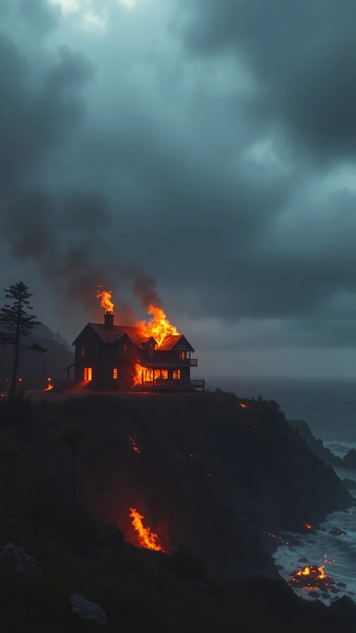 A burned house with fire on the the hill of California coast of . epic , cloudy stormy weather, fantasy sci-fi style, city on surface