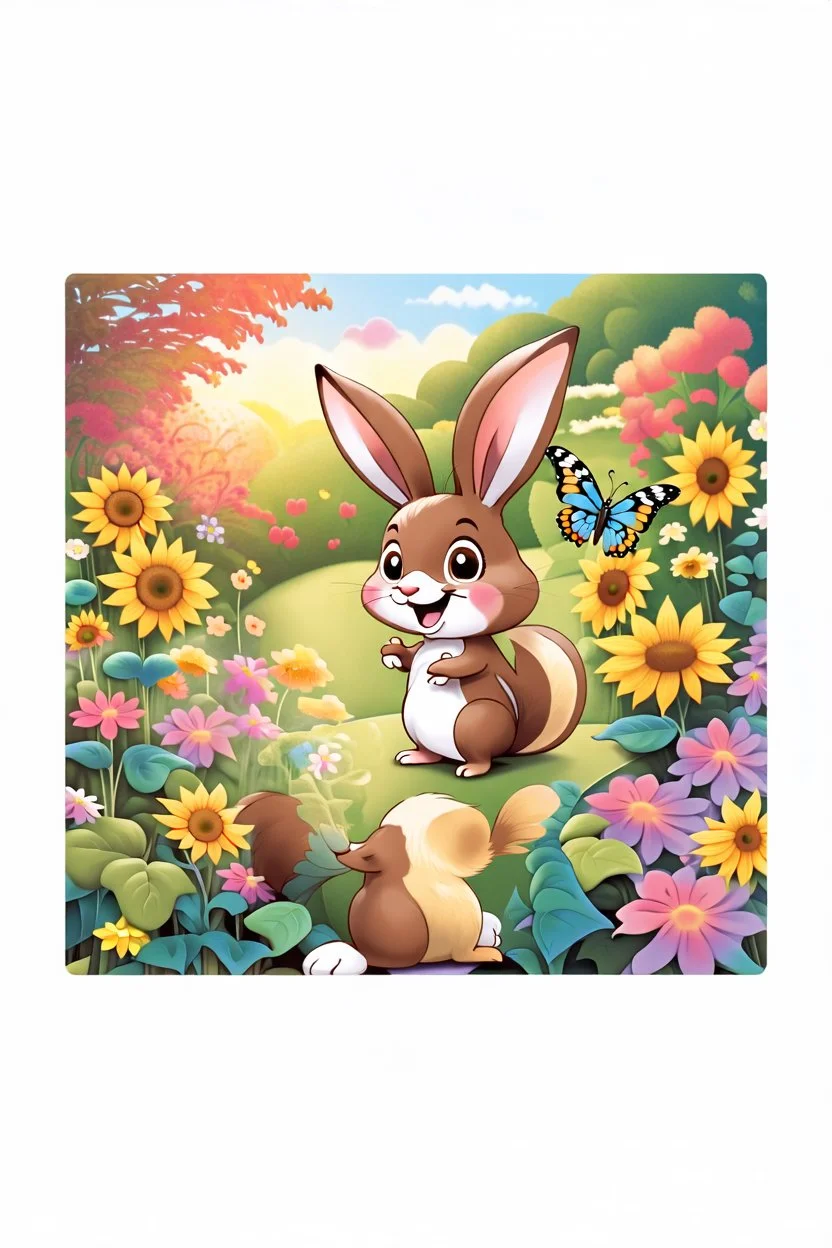 The cute bunny excitedly looks at a bright yellow sunflower in the colorful garden, the beautiful butterfly and friendly brown squirrel are smiling, child book illustration style, faces must be the same as reference image