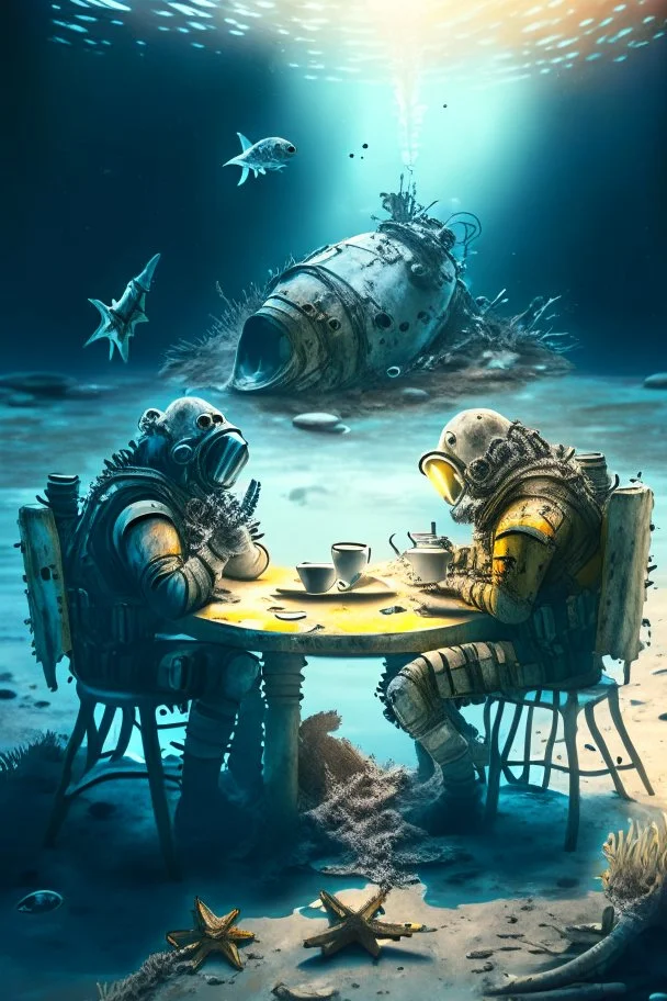 2 divers in full gear sitting at a round table having tea, the table is on the bottom of the in the dried out sea, around them are shattered dead fish, dead starfish, ship reck, 8 k realistic