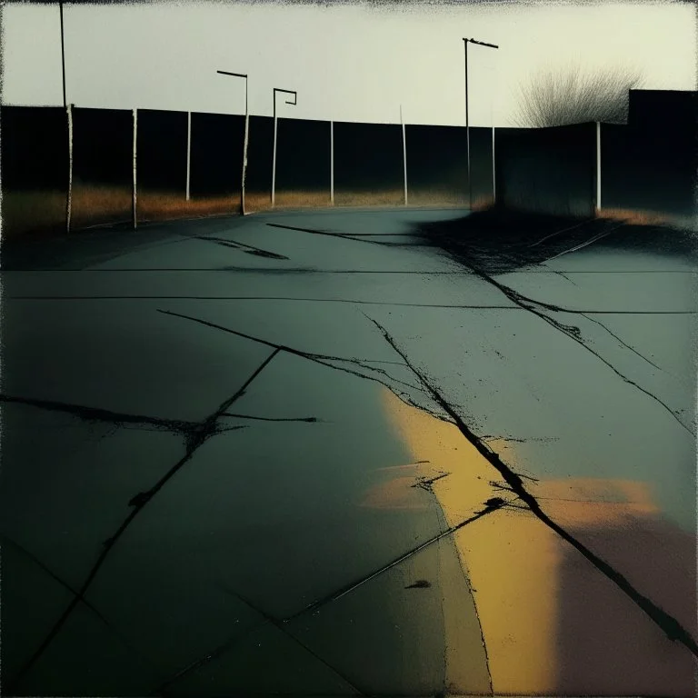 Minimal abstract oil paintings desolate 1960s carpark concrete fragments at dusk sunset. In the style of Justin Mortimer and Francis Bacon. road markings.