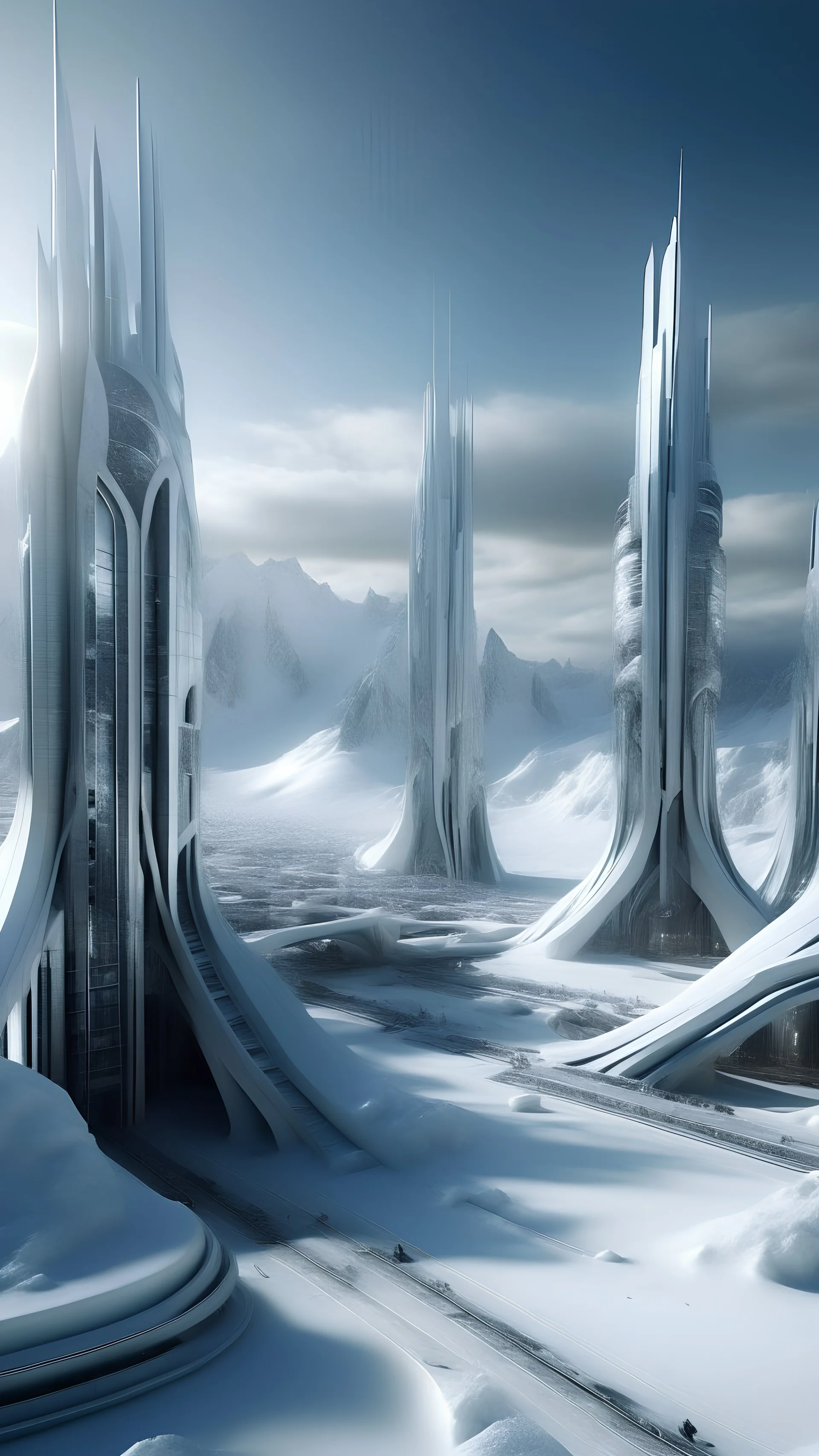 unique sci fi city, massive, beautiful, zaha hadid, ice mountain