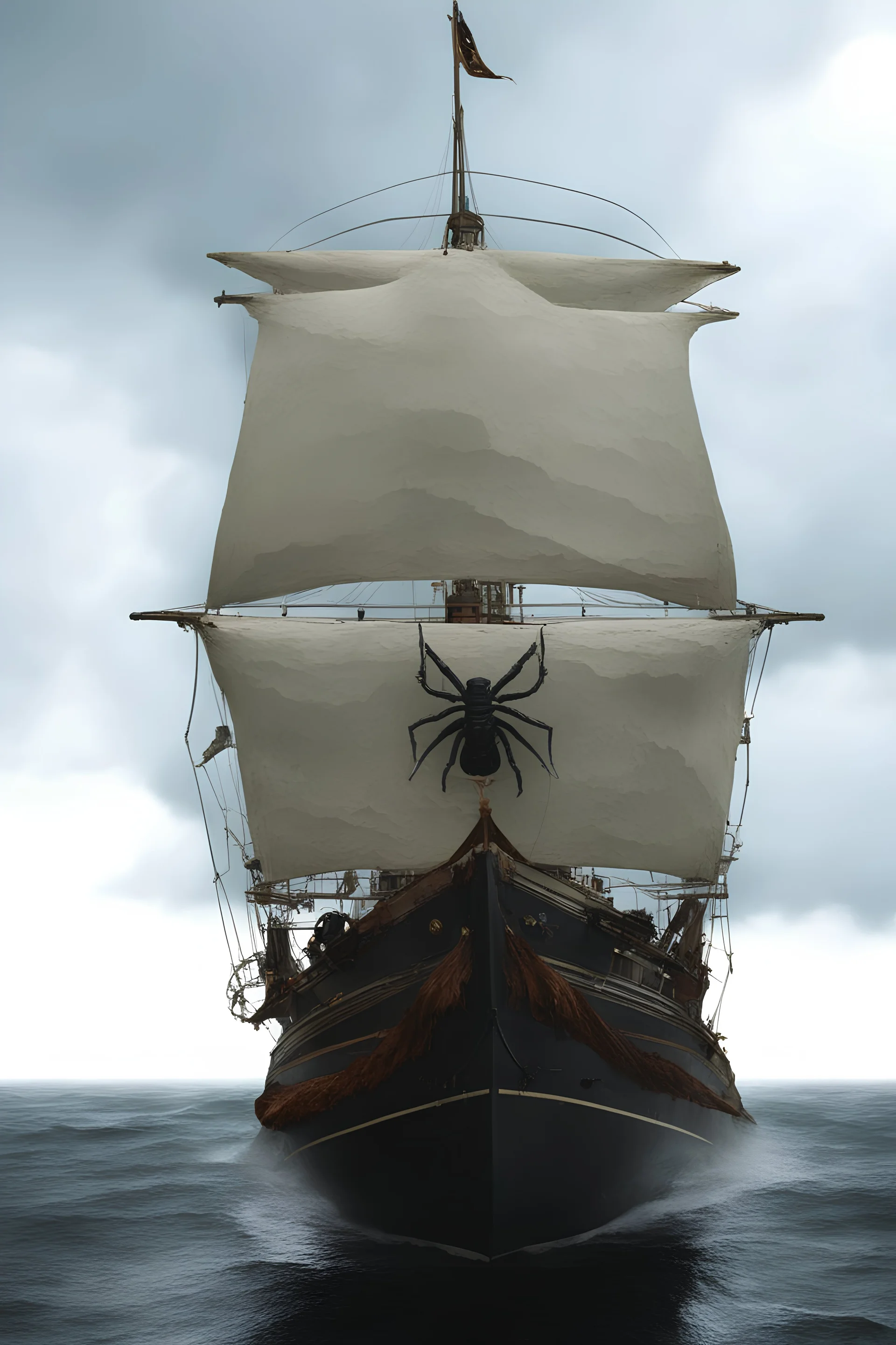 Ship front view with a Spider figurehead at night in a storm with giant waves