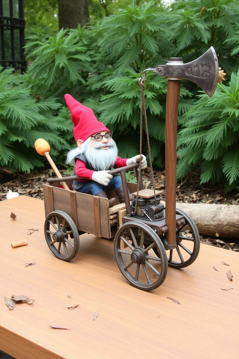 Gnome half goblin invention, winning prize at gnome convention, The Lumb-O-Tron A jury-rigged combination of a cart, pulley system, and an axe designed to chop down trees. The motion is powered by {a pony in a wheel treadmill spurred by a carrot on a stick | a crude stationary bicycle | a tiny steam engine heated by a red pseudodragon in the chamber}