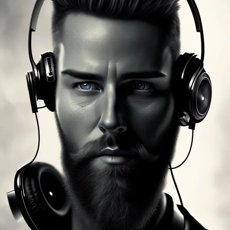 DJ cyborg short bearded 40 years of age fit Christian Boshell with headphones. sin city style, cinematic art, Dark moody atmosphere, similar to a Caravaggio art direction, close-up face