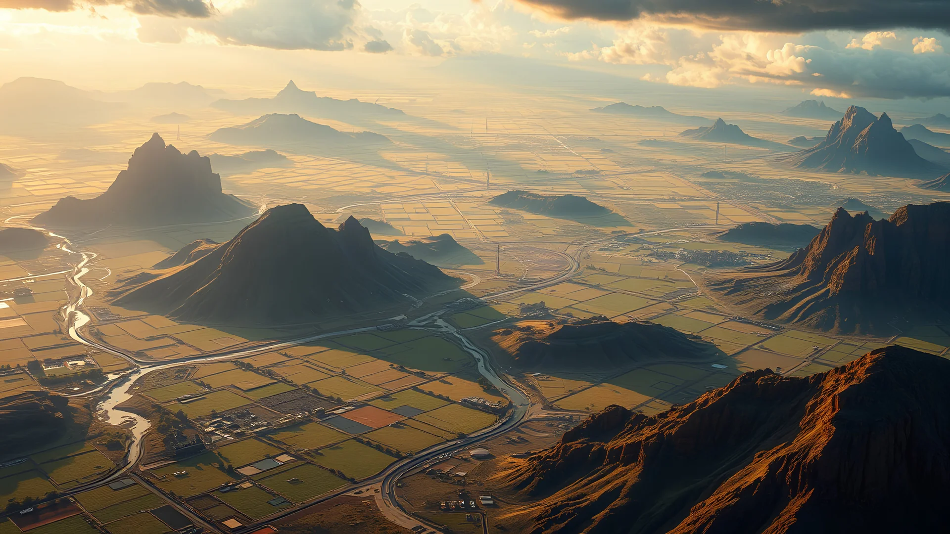 aerial view of a landscape made of oil that looks futuristic with futuristic lighting, realistic rendering, oil colors