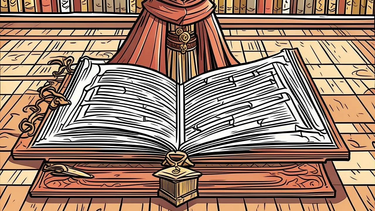 comic style1 singular Book lying with a cover on table the cover depicting a woman, medieval grimoire, no people, no cluter