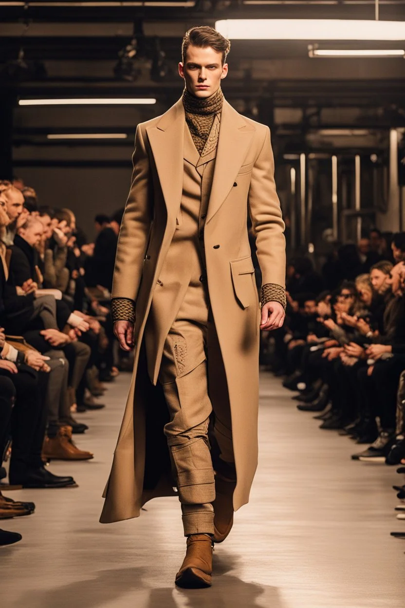 a men winter fashion runway with industrial clothes inspired by Superman Emblem style, embroidery elegante fashion beige tones