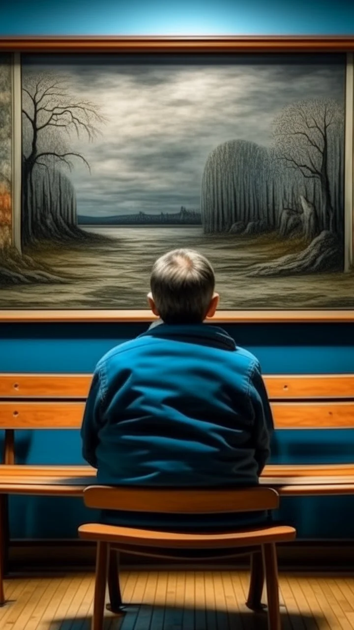 a rear view of a handicapped man sitting on a bench facing a a surrealism picture on the wall , show from the back of the picture