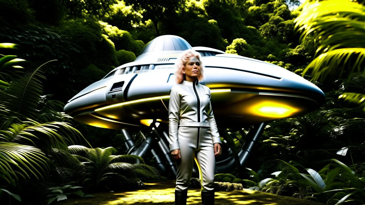 A photorealistic image of an adventurous, slender, 50-year-old woman from the future, dressed in a fitted, full-body spacesuit, stands proudly beside her huge, wide, sleek, wingless cargo starship. Her uncombed, blond hair has bangs. She is standing on a metal box in a jungle clearing.