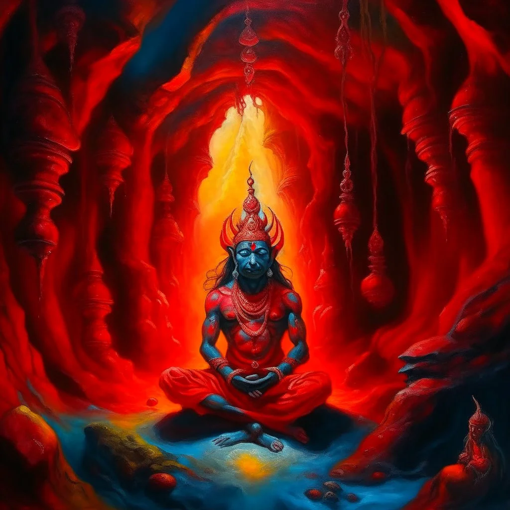 An oil painting of hindu god YAMA in a cave, neon red colors, high detail