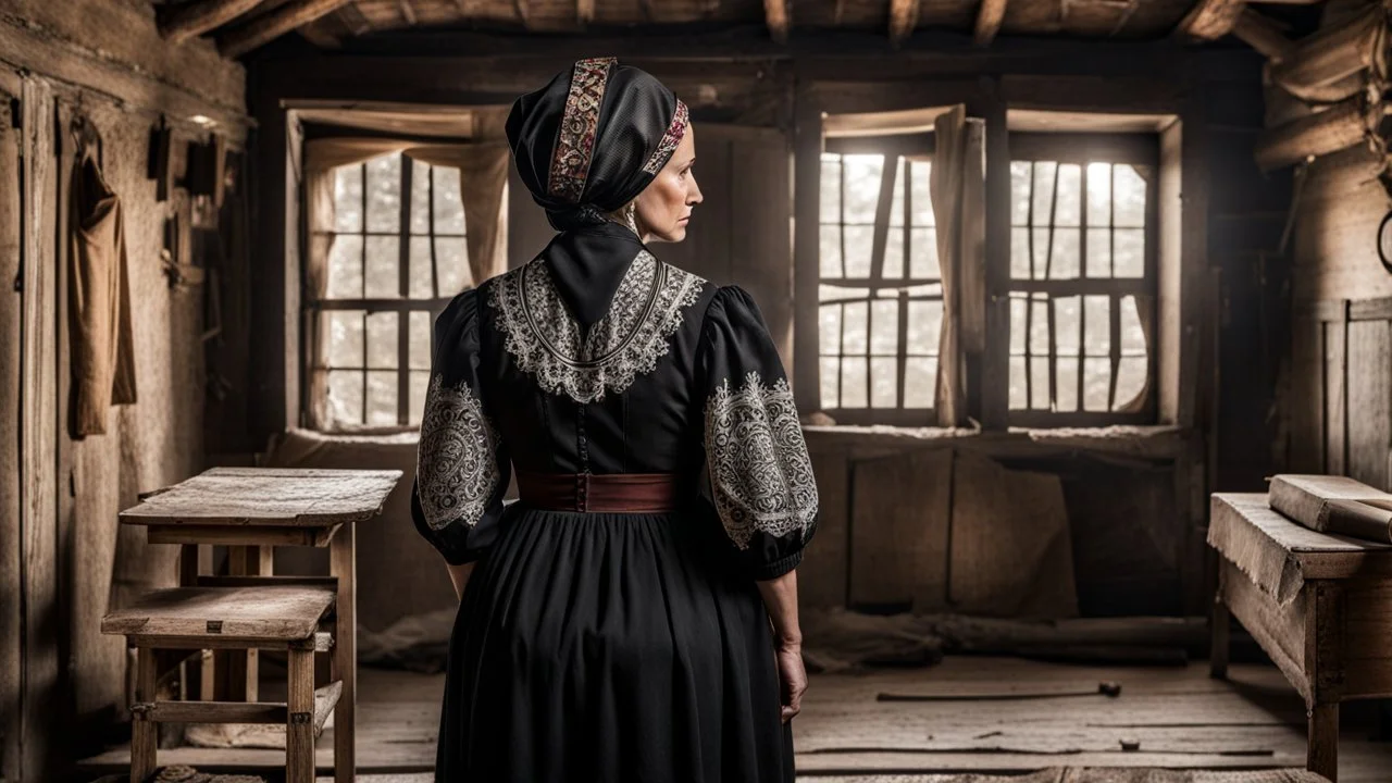 in front of the picture from the back, an middle-aged brown hair woman in a black vintage hungarian folk dress in black woman headscarf , her standing in villager room and looking at a wooden cross on the wall , old village environment, rustic rammed floor, lace curtains, sad atmosphere, high detailed, sharp focus, high realistic, perfect photo