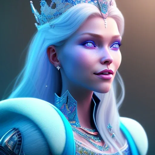 A portrait of a full body crystalised blue pink queen,smiling face, blue eyes, long blond hair, atmospheric, realistic, unreal engine, lighting