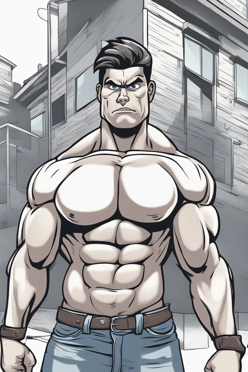 a cartoon muscular young man with a look of contempt on his face