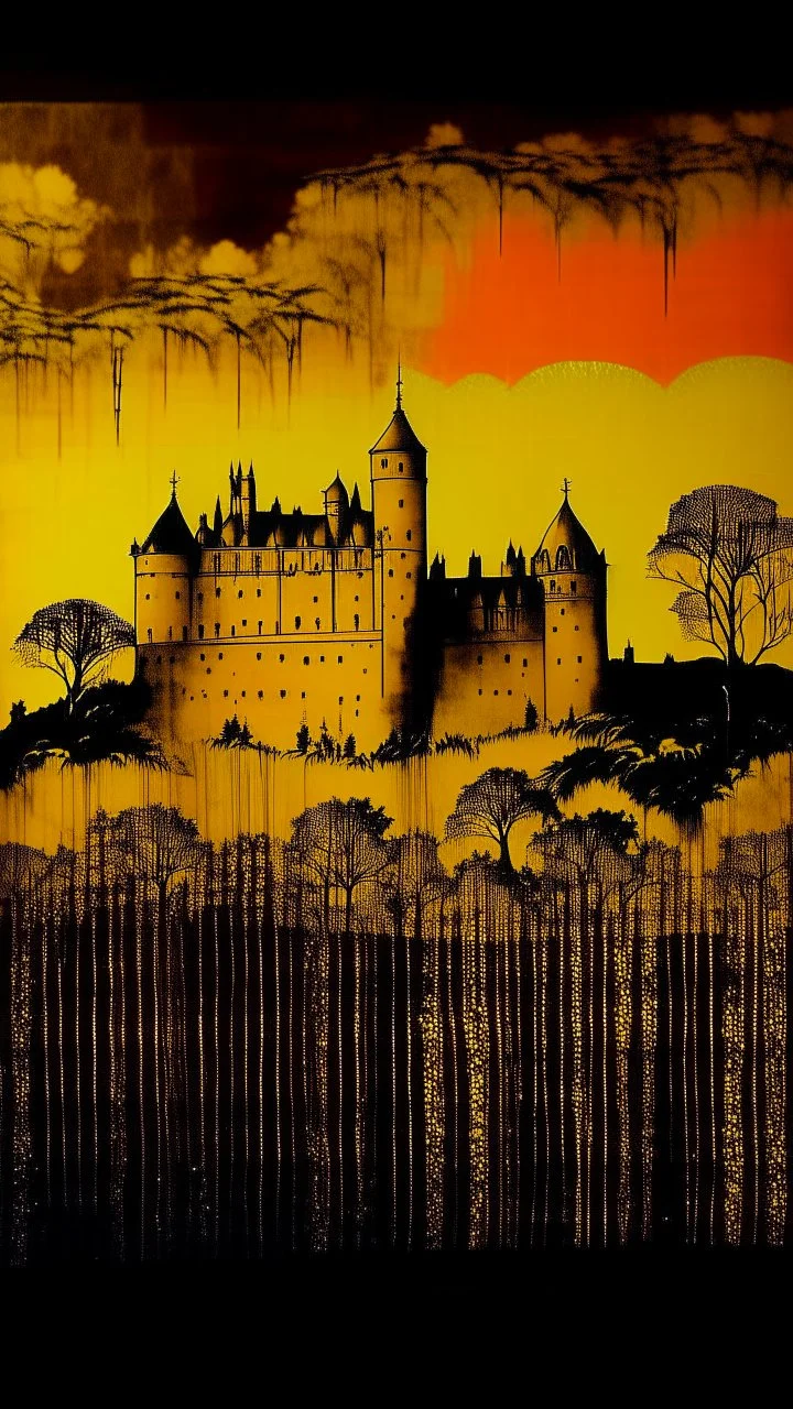 A golden kingdom with a castle designed in Australian aboriginal art painted by Andy Warhol