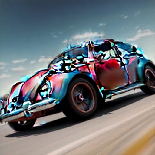 jet-fighter vw-beetle hybrid, retrofuturistic, phototrealism, in flight, one subject,