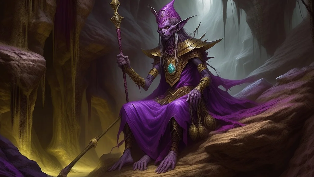 Large, seated, otherworldly figure, with elongated limbs and ornate purple and magenta attire, holding a dark staff. The figure is adorned with tribal-style necklaces and pendants, including a prominent purple amulet. The creature's face is stern and ancient, with pronounced features. It sits in a rocky, cave-like environment. The background is a hazy, light yellow-green that gradually transitions to an intense, almost fluorescent yellow-green against a rough, textured wall/surface. The