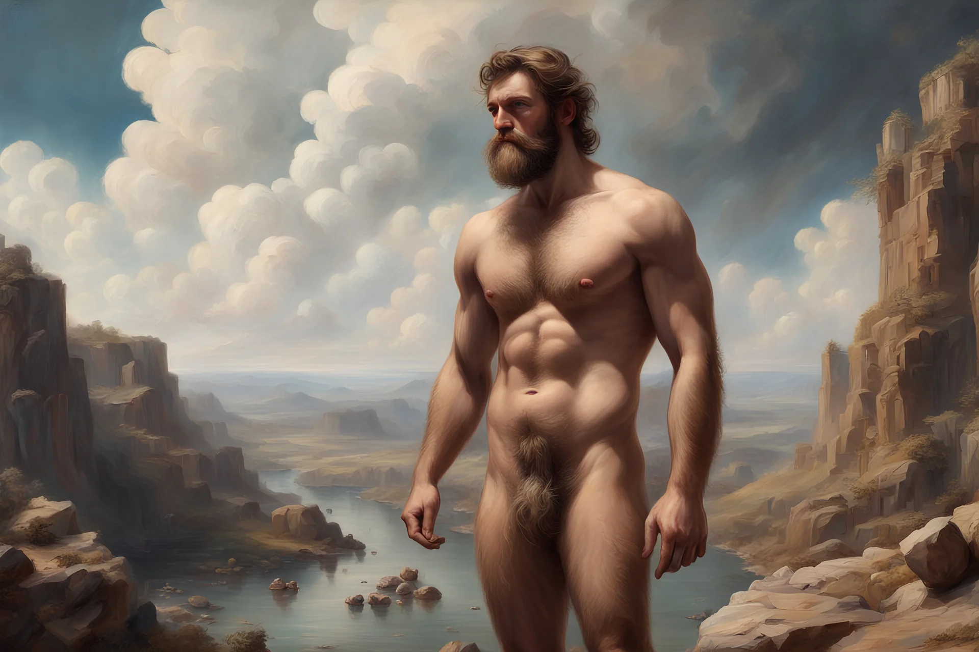 4K realistic high-detail photography of a full detail body view of handsome guy naked muscular bearded British religious, Clouds, cliffs, EDEN, rocks, philosophic and trascendent, cosmic infinite influence, mountains, charles leickert, henry luyten, and walter leistikow impressionism paintings, by sergei Parajanov movie