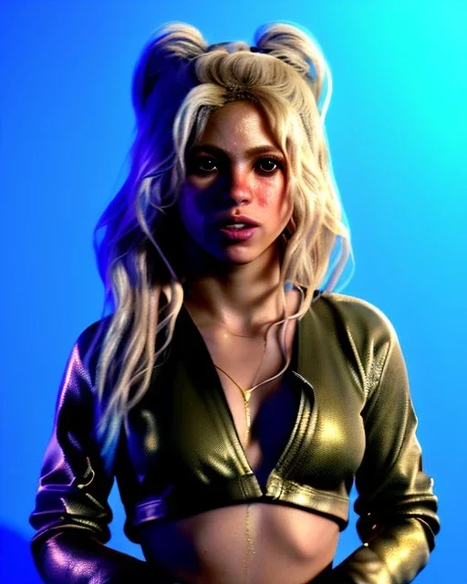 portrait, Shakira, blonde artist, angry, Realistic image, MMA robe, hoodie, mma gloves, loose long hair, eyes make up, gold line make up, moisture, sweat, fog, Neon colors, leds. Black background, photo studio, concept art, smooth, unreal engine 5, god lights, ray tracing, RTX, lumen lighting, ultra detail, volumetric lighting, 3d, finely drawn, high definition, 4k.