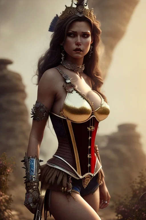 milf, warrior, brunette hair, corset, desert, 8k resolution, high-quality, fine-detail, intricate, fantasy art, detailed matte, volumetric lighting, illustration, 3D