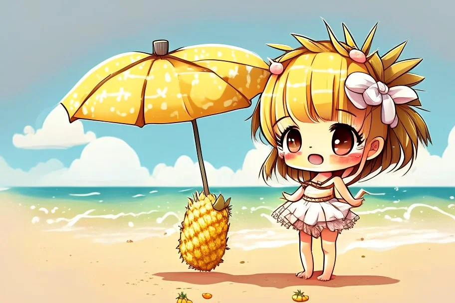 cute pineapple chibi girl at the beach