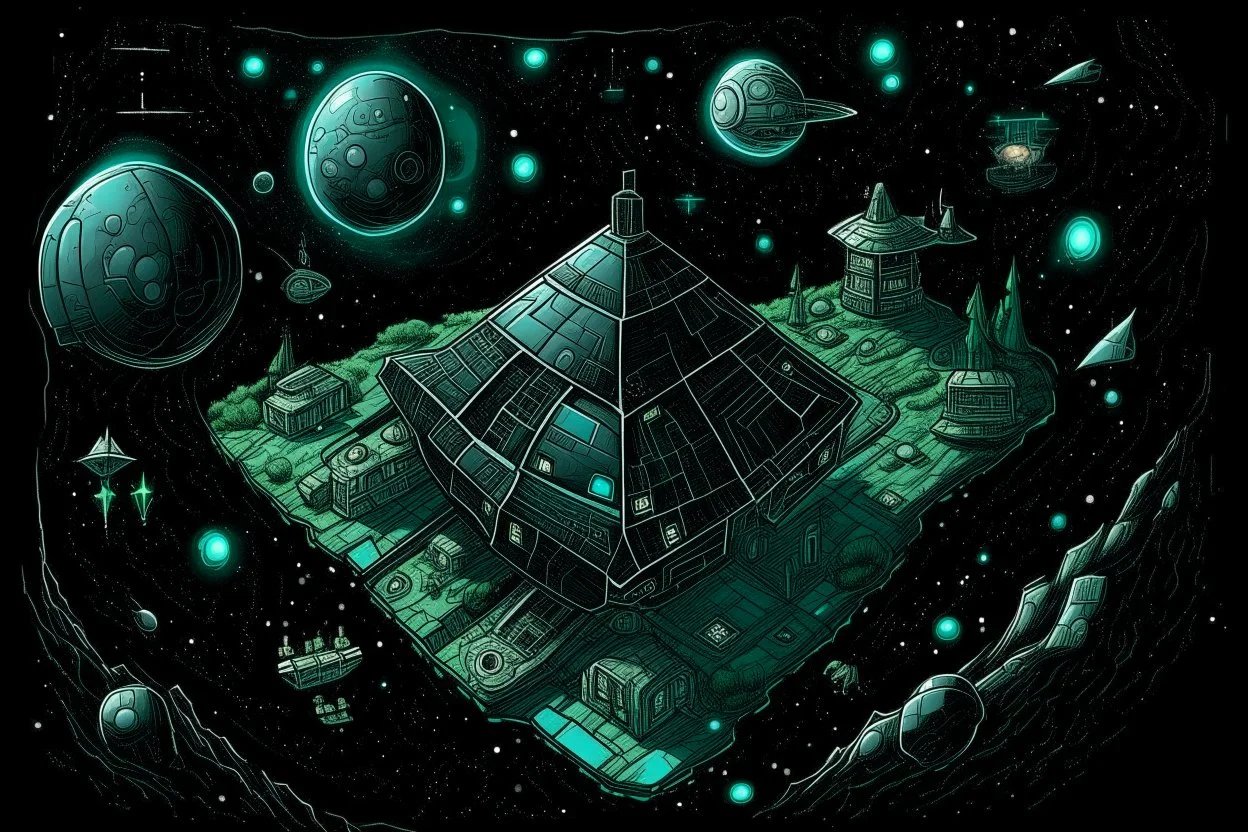 A blackish teal space station in a dark galaxy with asteroids painted by MC Escher