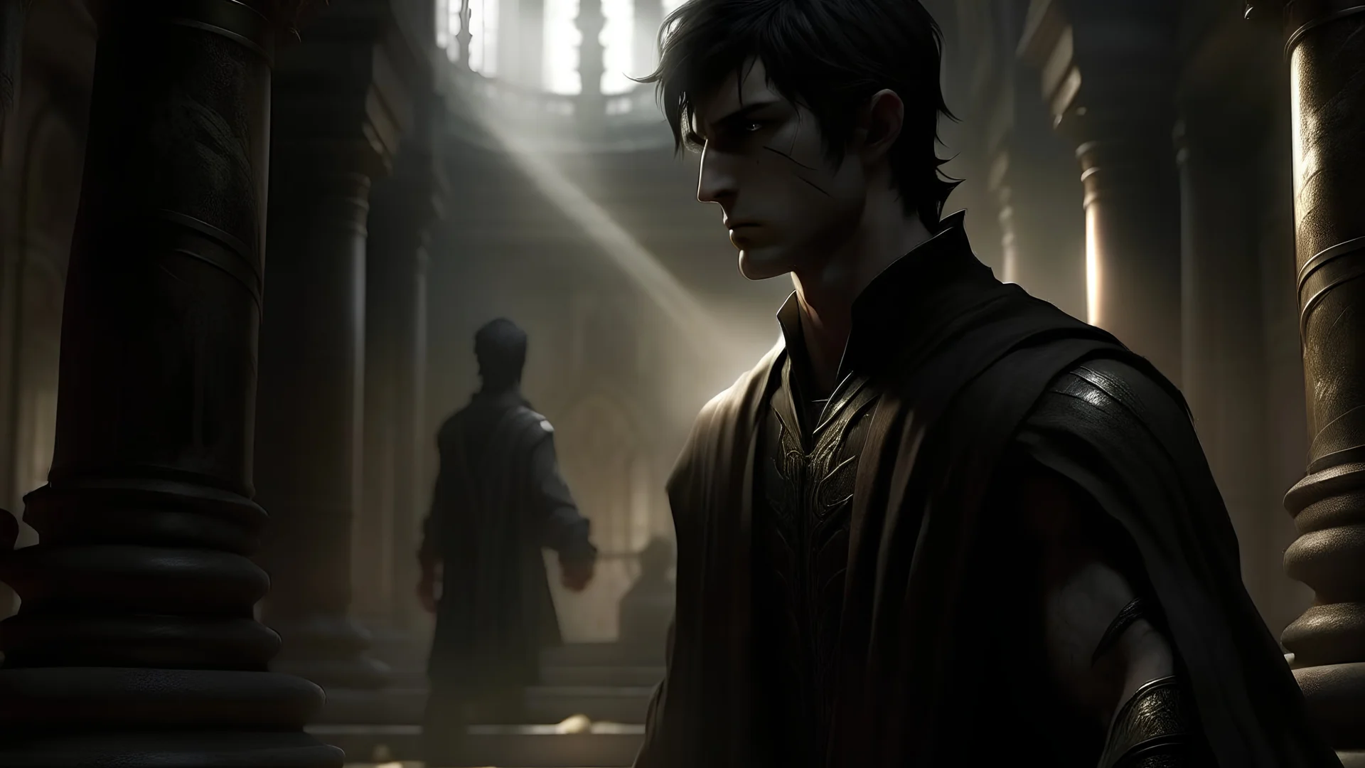 /Imagine Prompt: Realistic, Character: [A great, dimly lit edifice, where the Master of the League of Shadows who resembles Ra's al Ghul from Batman Begins, covered in shadows, extends his hand towards the young man standing before him with a mixture of curiosity and fear. There is an aura of mystery and power surrounding the scene] Unreal Engine, very realistic --q 2 --v 5.2 --ar 16:9
