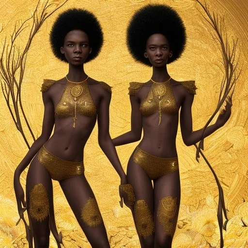 Female angelic African American Twins, black skin, tall and slender, long afro kinky hair,big brown eyes, long eyelashes warrior wear. Big butts. Gold accents on clothing. Surround by trees. Holding golden spears. Starry night