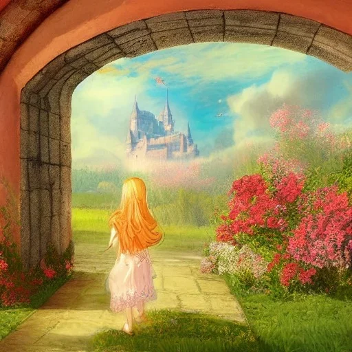  Castle into sky, with flowers of fire. Green clouds and birds. Shy girl going out of the main gate. Detailed painting, sharp color, medieval, intricate detail, far sceen, realistic colors, medieval concept art. spring.